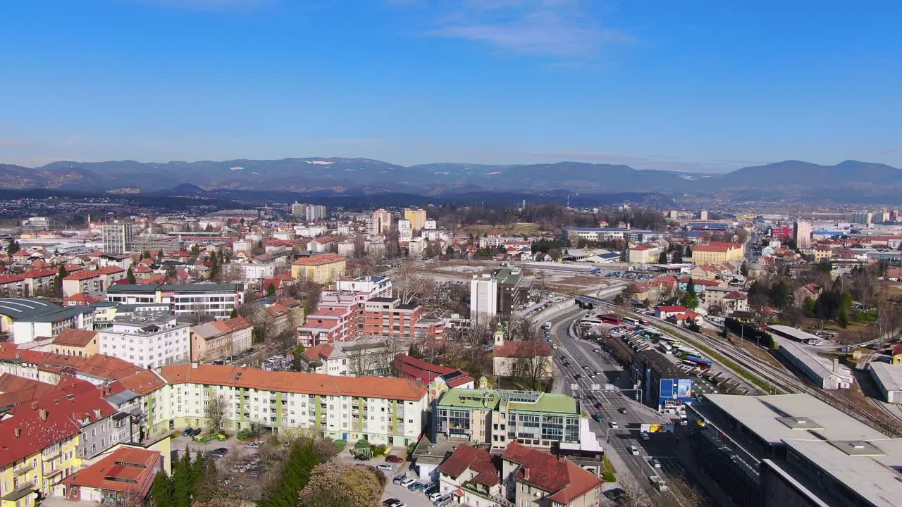 Aerial drone view of the buildings, cityscape and downtown Celje, Slovenia