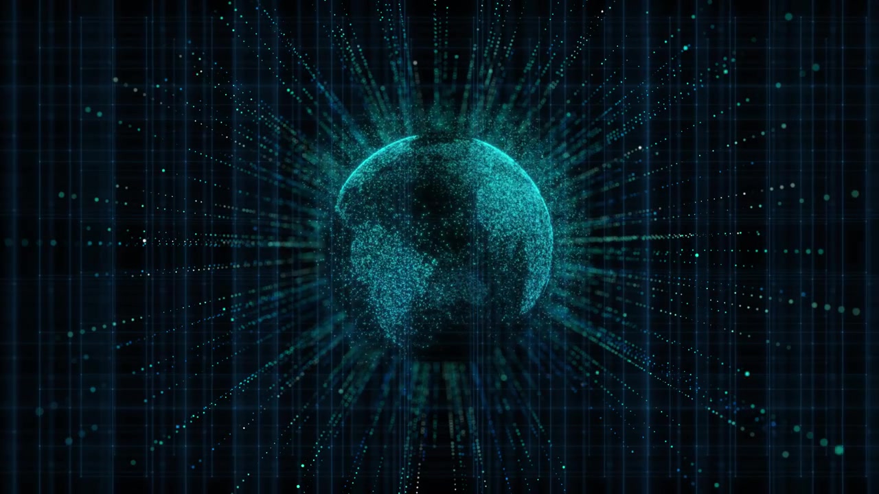Cyan data sphere network visual with particle burst glowing globe shape vertical grid texture and