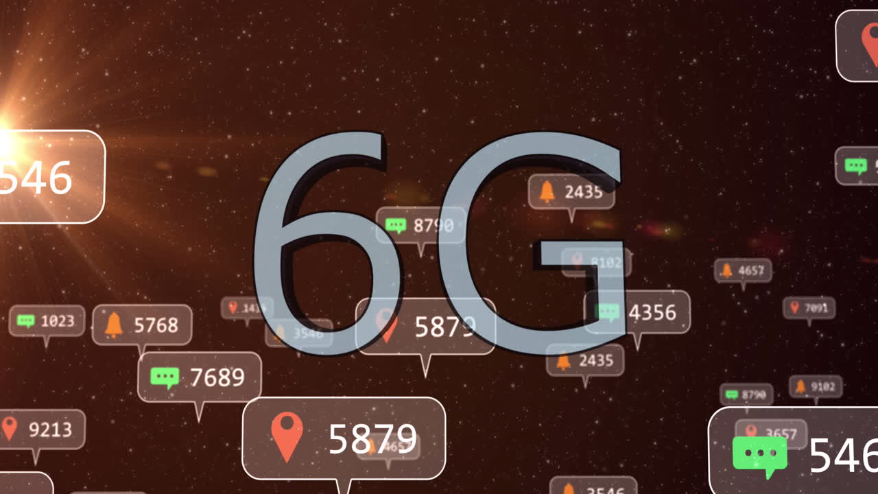 야간 하늘 위의 배너에 6g 텍스트와 소셜 미디어 아이콘의 애니메이션