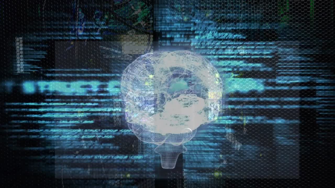 Opening holographic brain glowing, rotating with nodes pulsing and code scrolling showing data flow