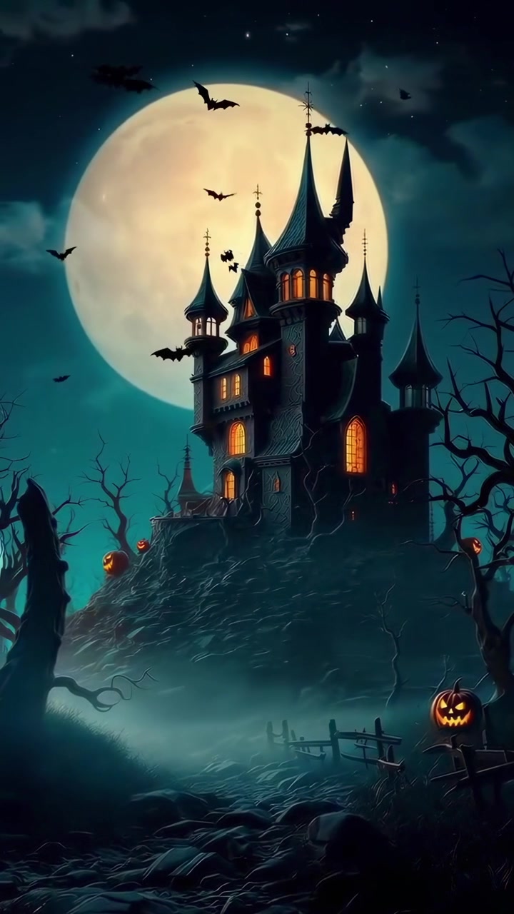 Castello stregato su una collina con pipistrelli volanti e luna piena nella notte di Halloween