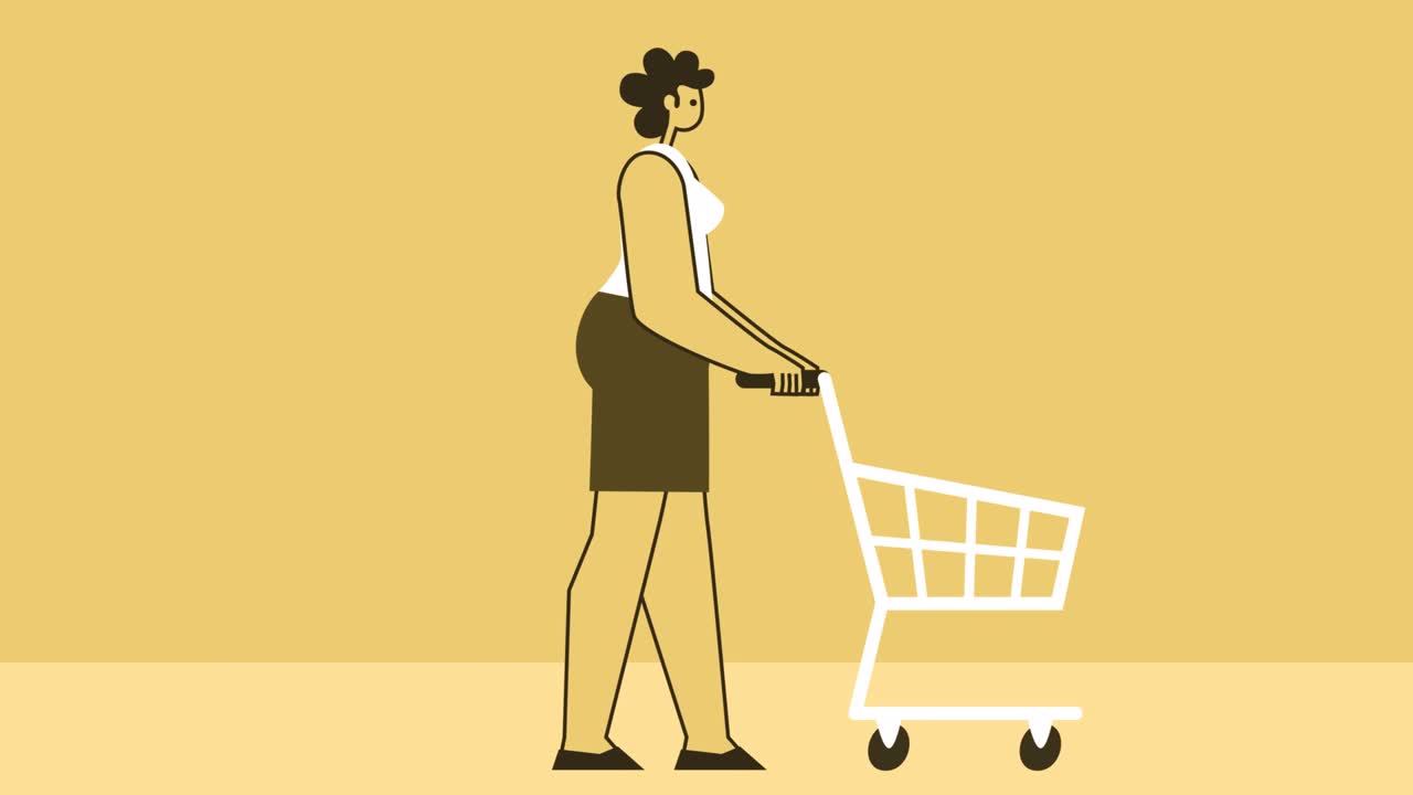 노란색 스타일의 평평한 여성 캐릭터가 쇼핑 카트를 밀고 있습니다. 알파 채널과 함께 고립된 루프 애니메이션