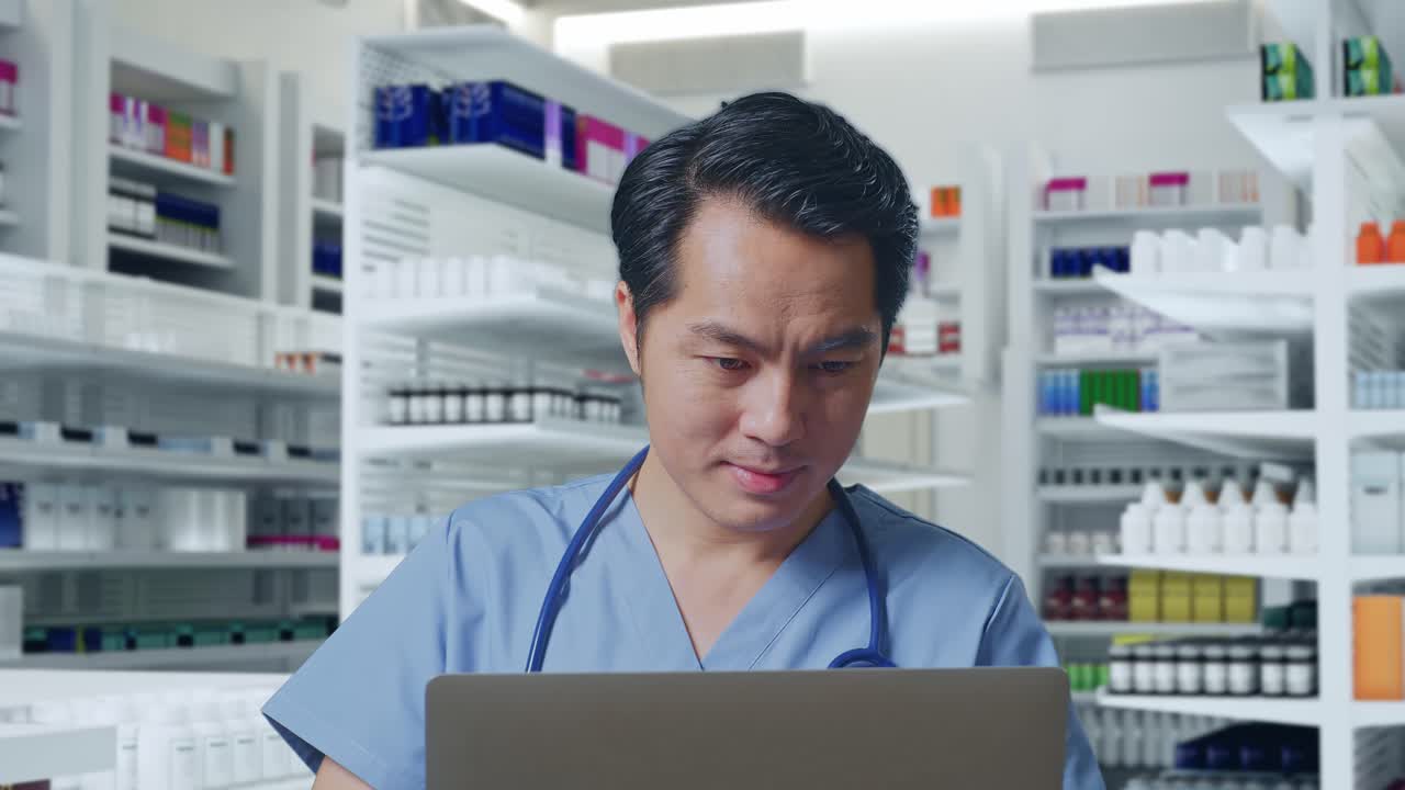 약국에서 노트북으로 일하는 약사