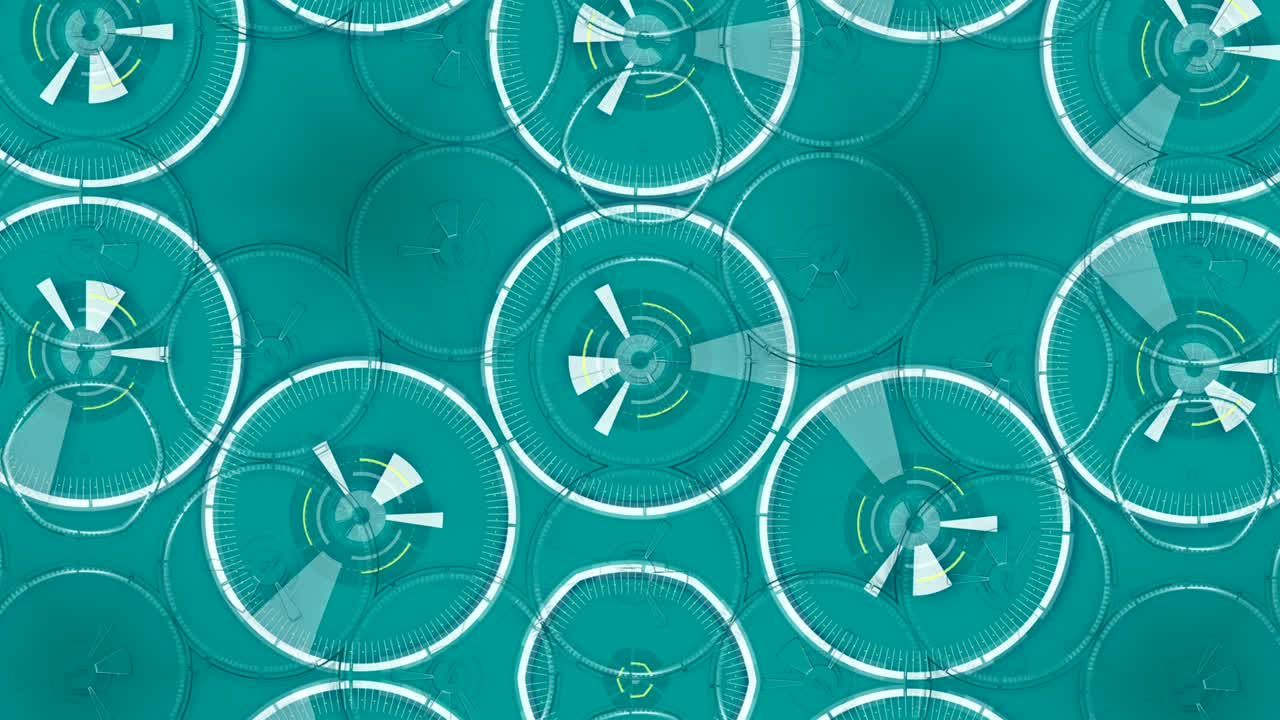 파란색 추상적인 둥근 칼레도스코프 애니메이션, 원과 함께 하이테크 배경.