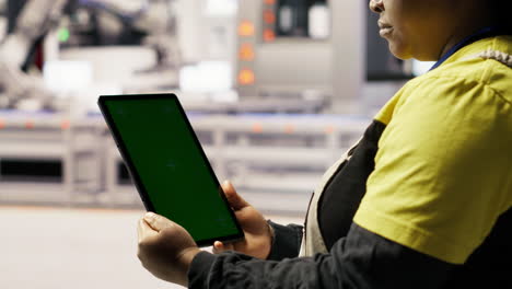 close up of mockup tablet used by engineer in factory to perform maintenance