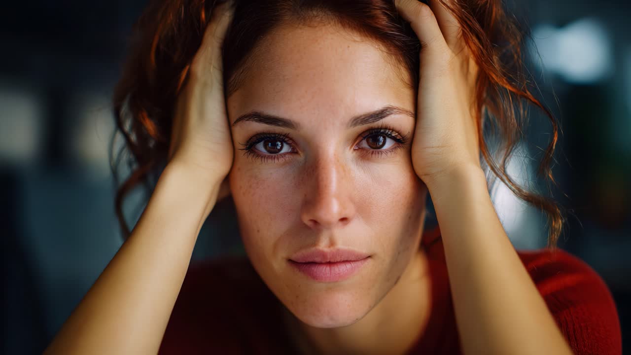 Ritratto introspettivo di una giovane donna che esprime emozioni di contemplazione e vulnerabilità, catturando un momento di intensa riflessione e connessione personale