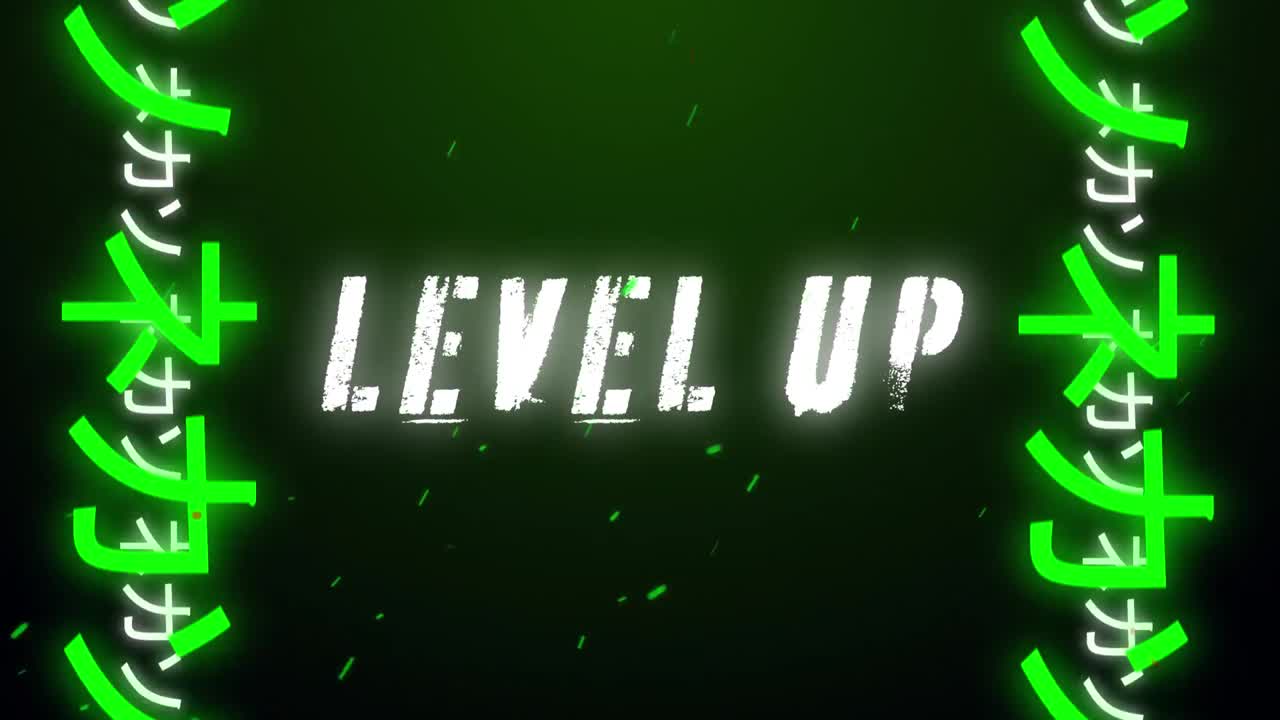 Animation vintage video game screen with words level up written