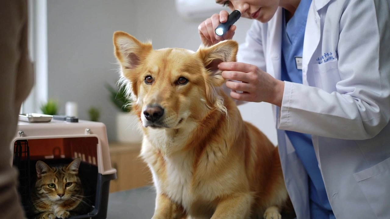 Vet in lab coat after owner report examining dog's ear at clinic using otoscope for infection