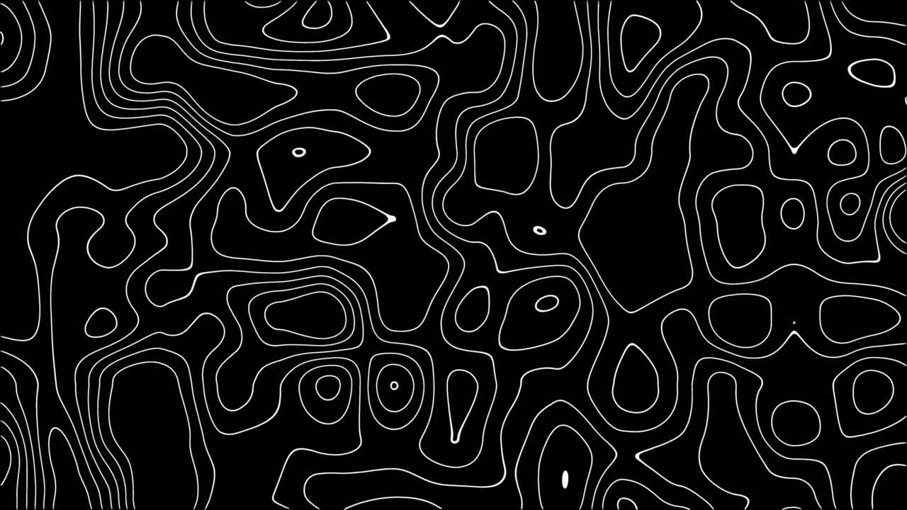 Abstract animated outline topographic contour map. Moving waves on black background.