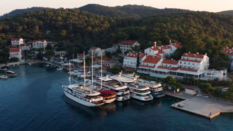 Port-At-Pomena-Village-At-Mljet-National-Park-In-Croatia---aerial-drone-shot