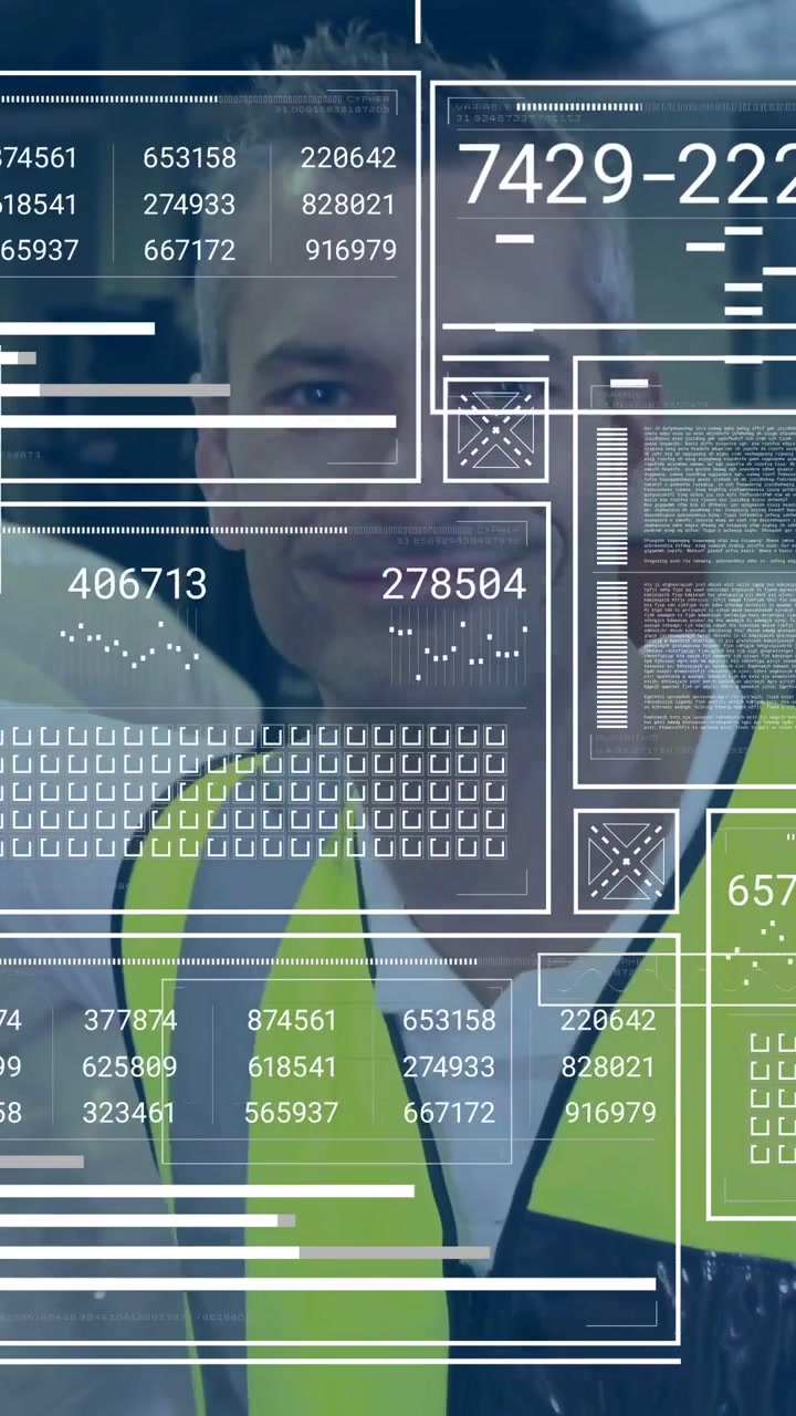 Vertical video: Worker emerging behind pallets sparking tracking, turning, HUD updating stock data