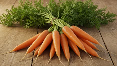 freshly harvested carrots with green tops displayed on a rustic wooden table surrounded by natural light, showcasing the vibrant orange color and freshness