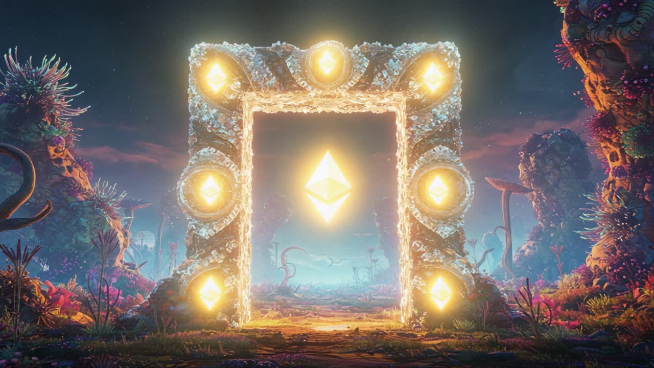 A Stunning Fantasy Portal Surrounded by Enchanting Flora and Ethereal Light: Bridging Mysticism and Technology in a Vibrant Otherworldly Landscape
