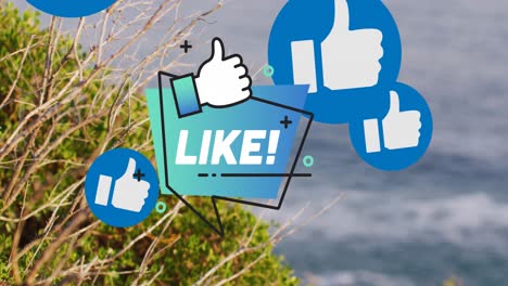 animación de iconos de redes sociales y hierba con paisaje marítimo.