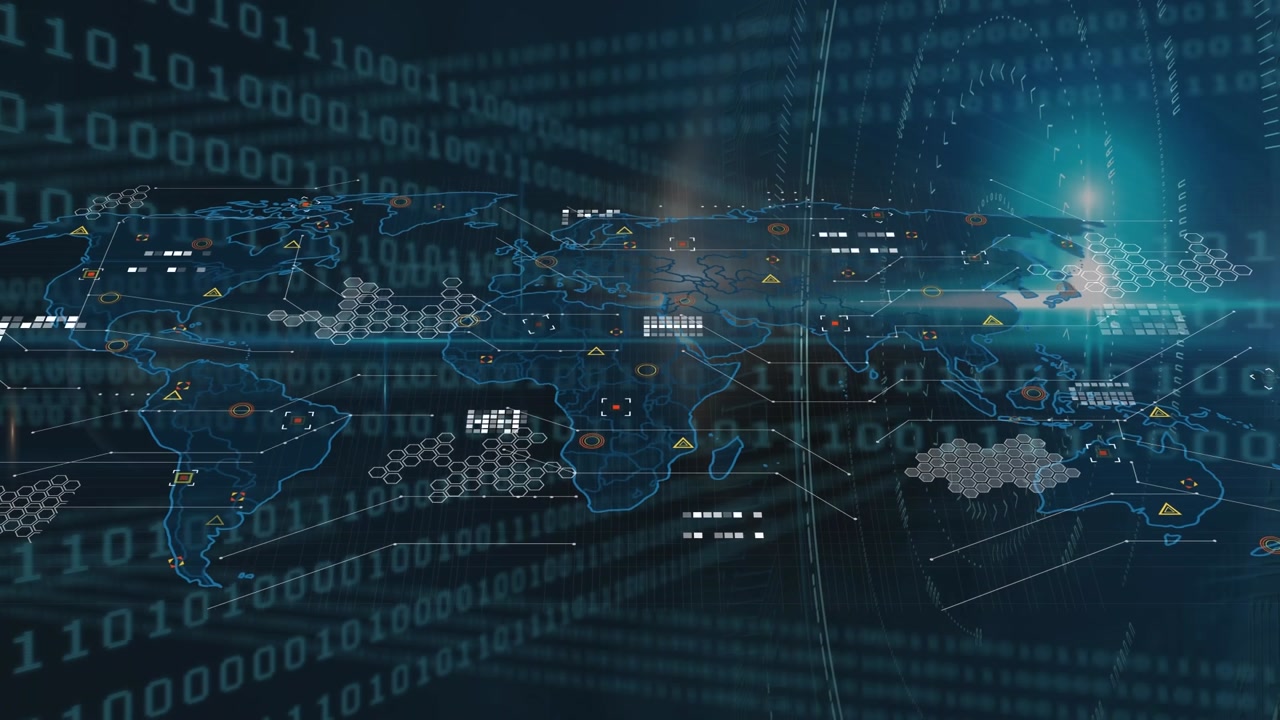 Animation of binary code over world map on black background