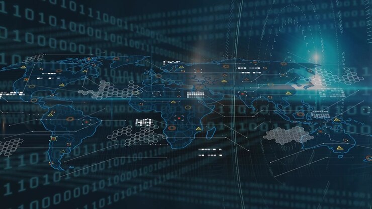 Animation of binary code over world map on black background