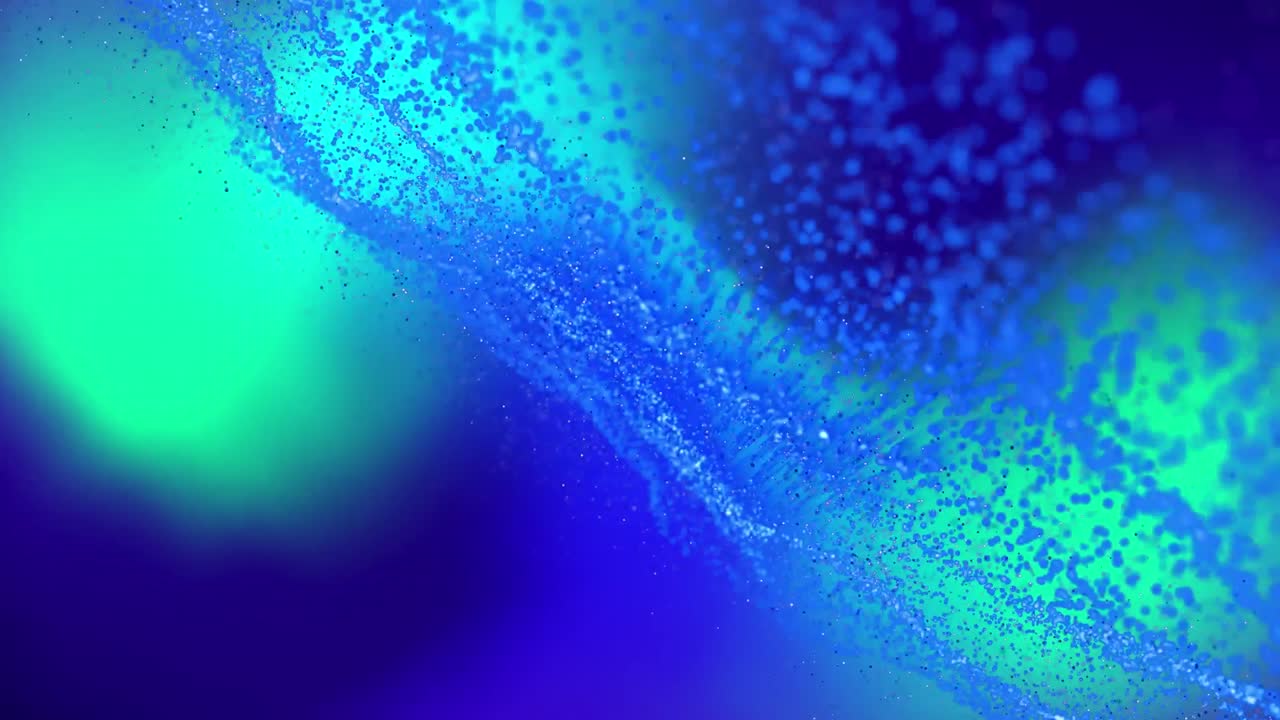 빛나는 녹색과 파란색 불빛 위로 움직이는 파란 입자 네트워크