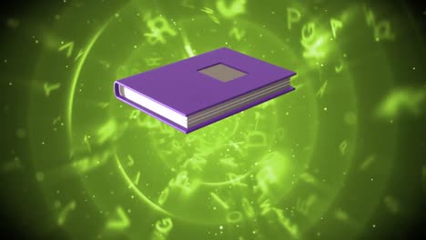 Animation-of-book-over-letters-over-green-circles-background