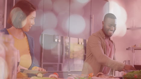 cooking together in kitchen, couple preparing food with bokeh lights animation