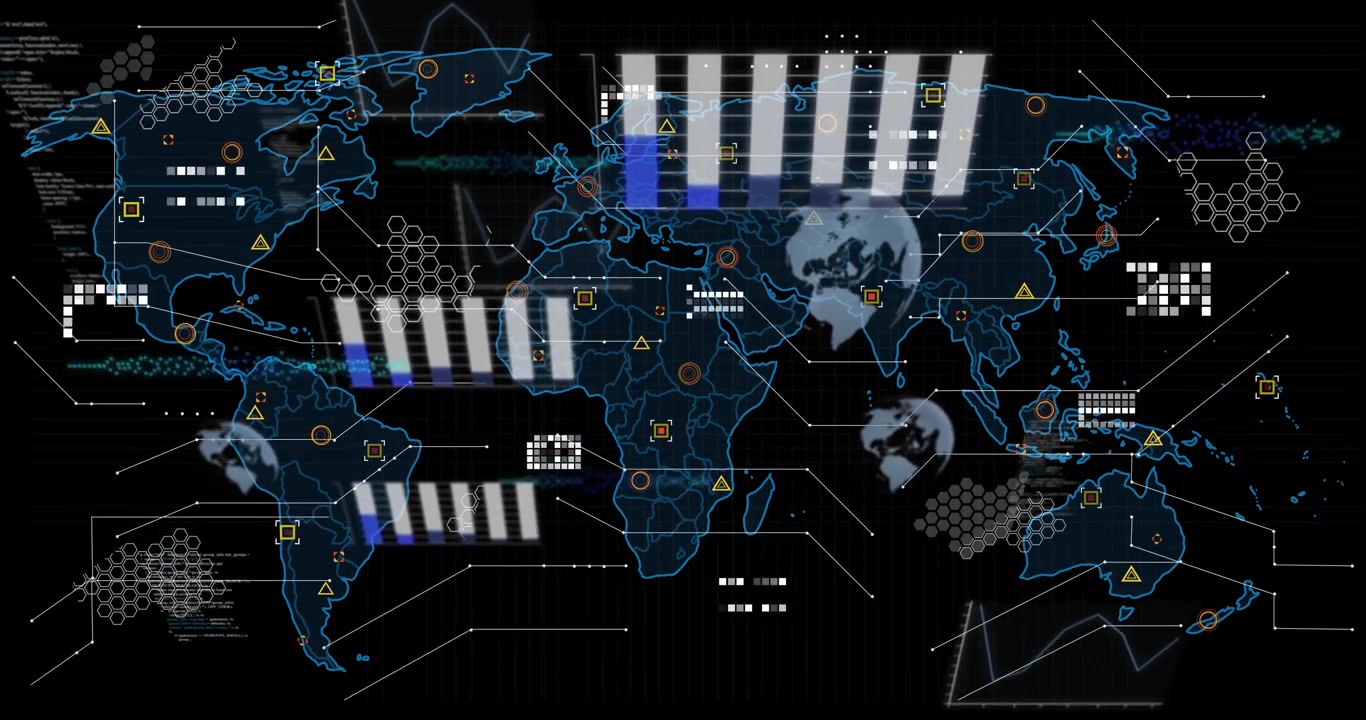 Faint west outline starting global map evolving into data HUD, bars filling, sweep showing data