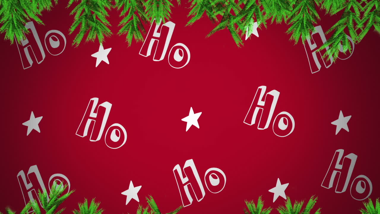 animación de ho, ho, ho texto y estrellas blancas con ramas de abeto