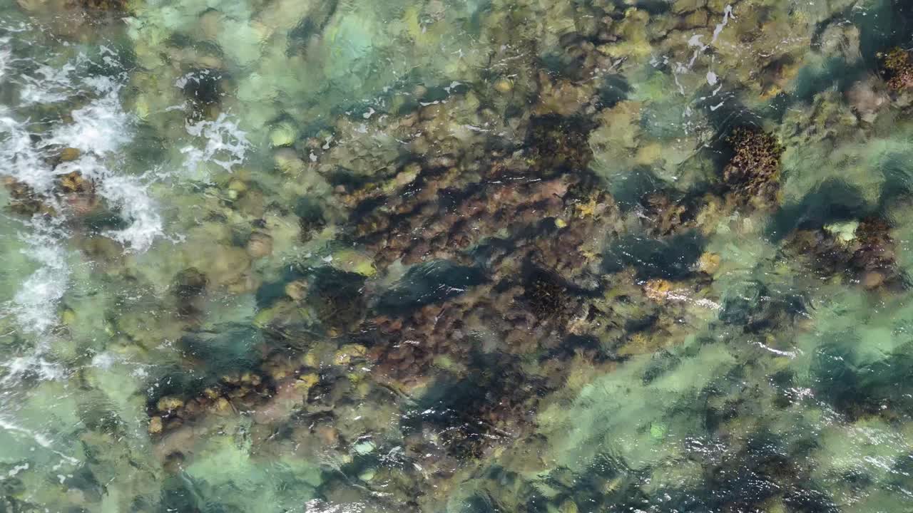 Aerial top down drone view of deep blue tropical ocean water with coral life