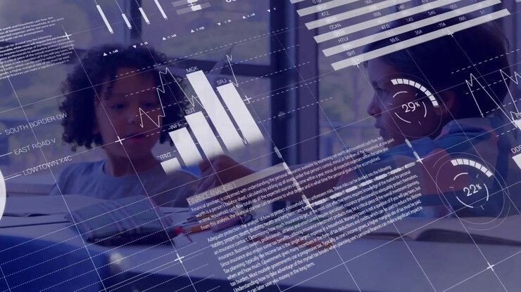 Animation of data processing over diverse schoolchildren in classroom