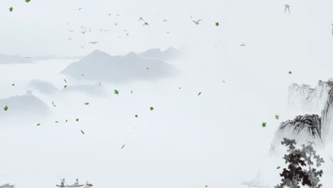 신비로운 풍경: 중국의 전통적인 동양 디지털 예술 애니메이션, 중국 레트로 페인팅 잉크, 꽃, 나무, 새, 흐린 배경의 강