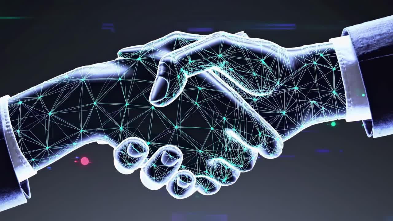 Futuristic video concept of two digital hands connecting, depicted in a wireframe style, viewed
