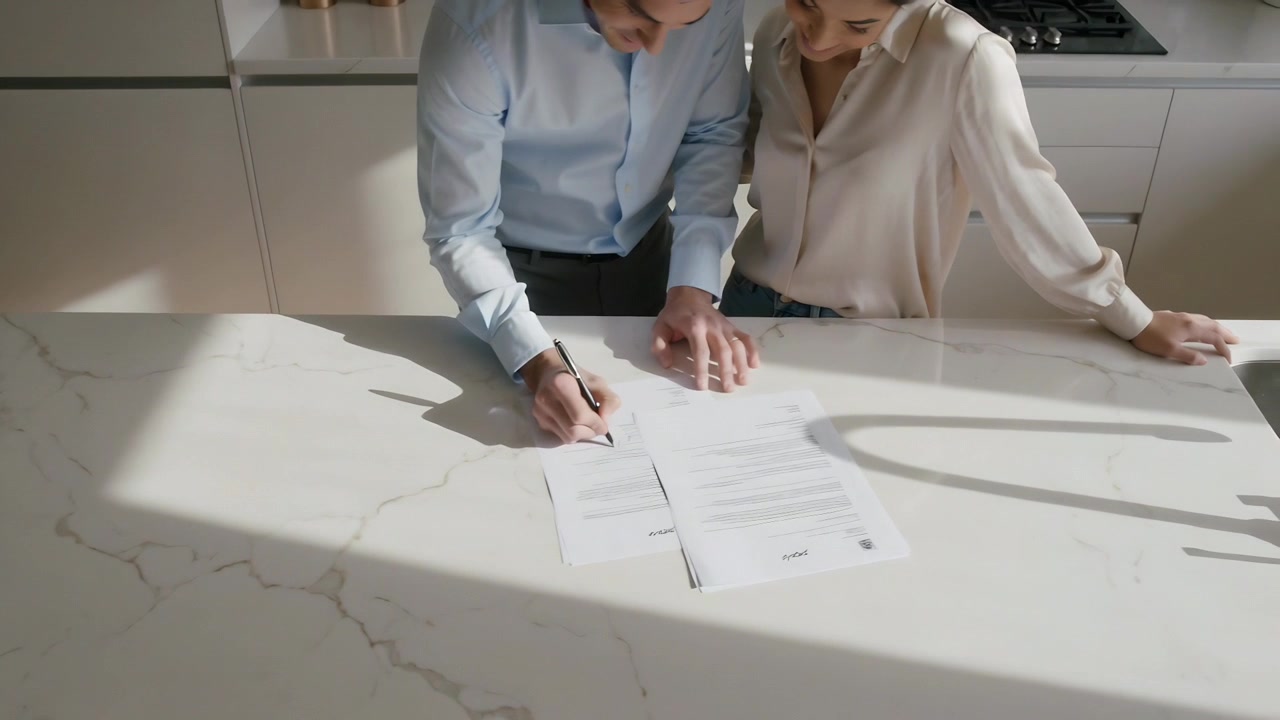 Un uomo in camicia azzurra firma, con la penna in posizione, compilando moduli su un bancone di pietra, mentre il partner osserva.