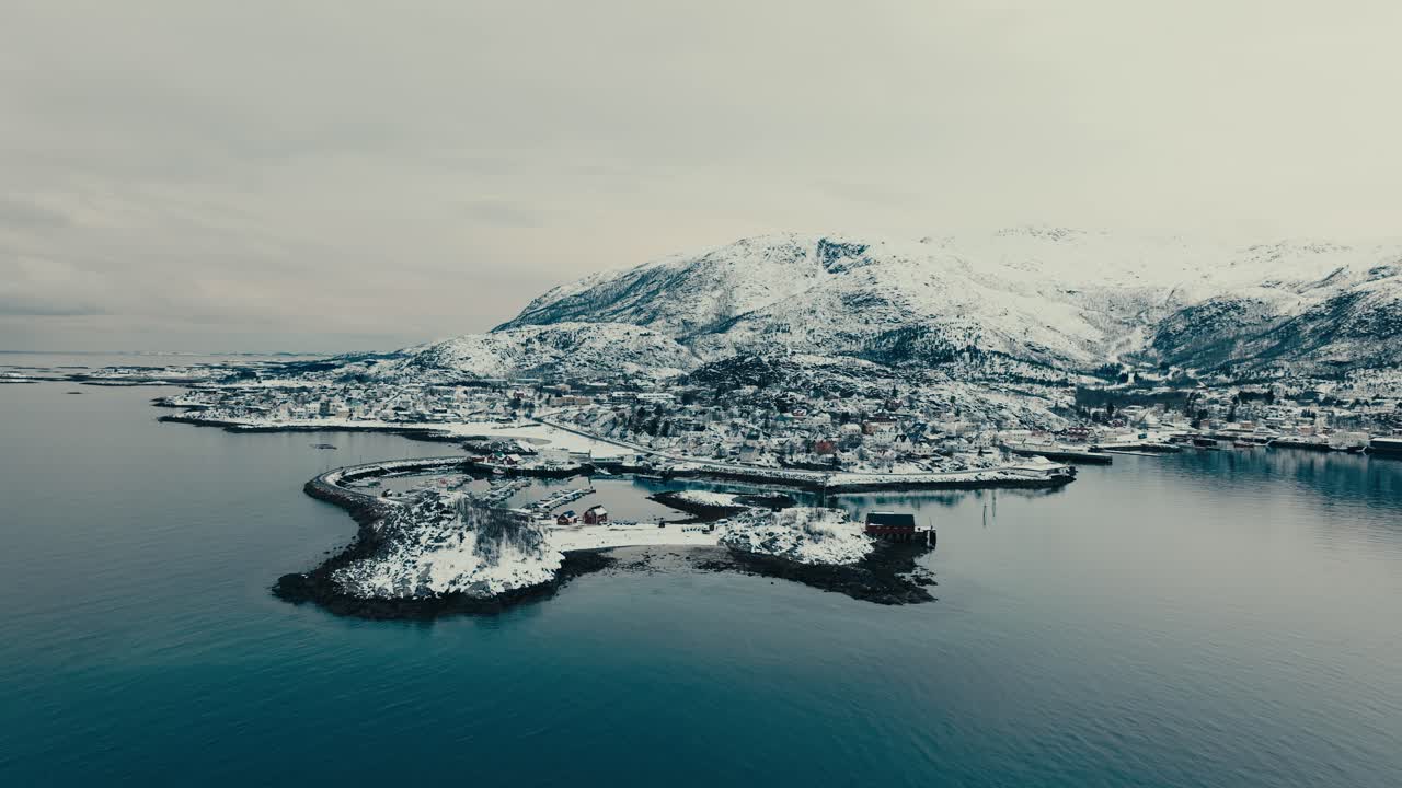 Lodingen Village And Marina During Winter In Nordland, Norway. - aerial shot