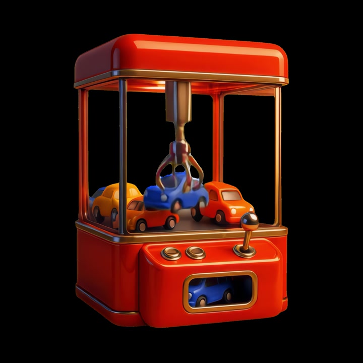 Animert kloautomat som griper en blå lekebil