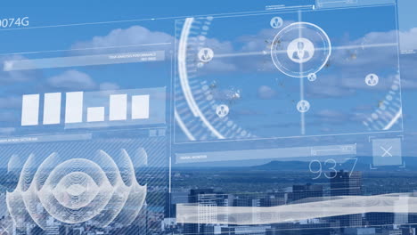 animation of statistics and data processing over cityscape