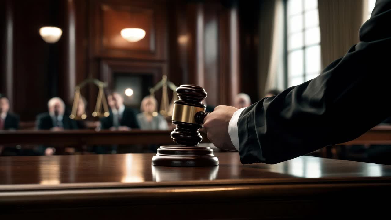 A dramatic courtroom scene captured from a low angle, focusing on a judge's gavel