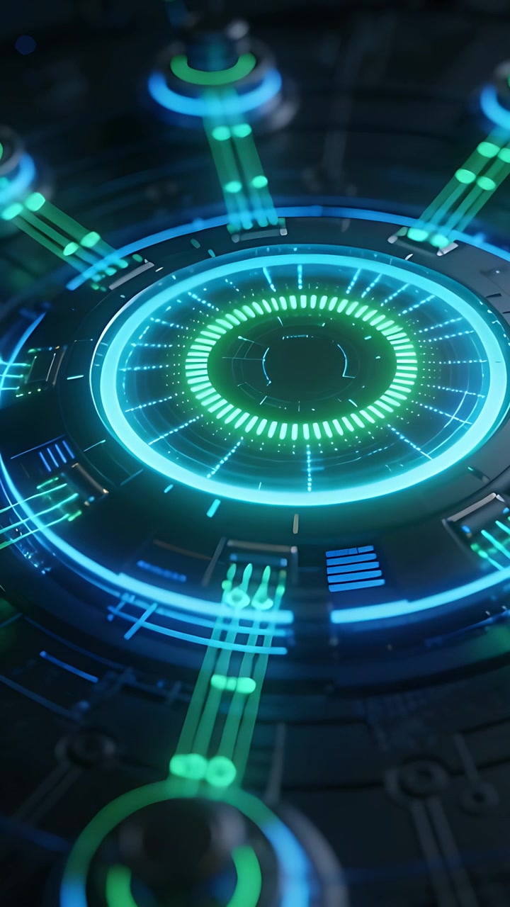 Video verticale: Anello olografico in avvio che pulsa, ruotando su una piattaforma scura, inviando dati tramite tracce e nodi.