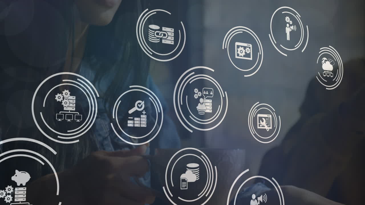 animación de iconos digitales sobre mujer afroamericana usando teléfono inteligente en una cafetería.