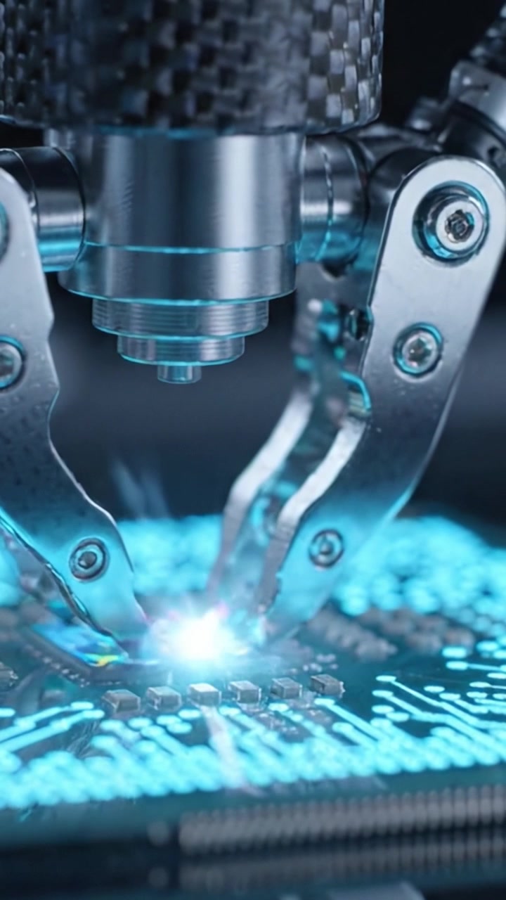 Advanced Technological Integration: A Close-Up of a Circuit Board and Robotic Hand During Precise Microchip Assembly in a High-Tech Environment