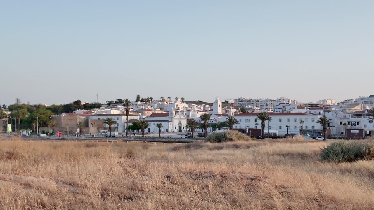 Vista pittoresca di Lagos, Portogallo, con edifici bianchi, palme e un campo erboso secco in primo piano