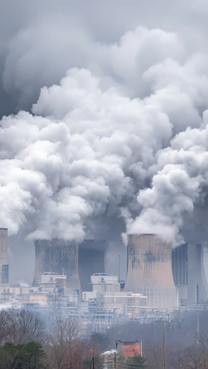Industrial Landscape of Power Generation: A Dramatic View of Cooling Towers Amidst Billowing Smoke and Clouds in a Thermal Power Plant