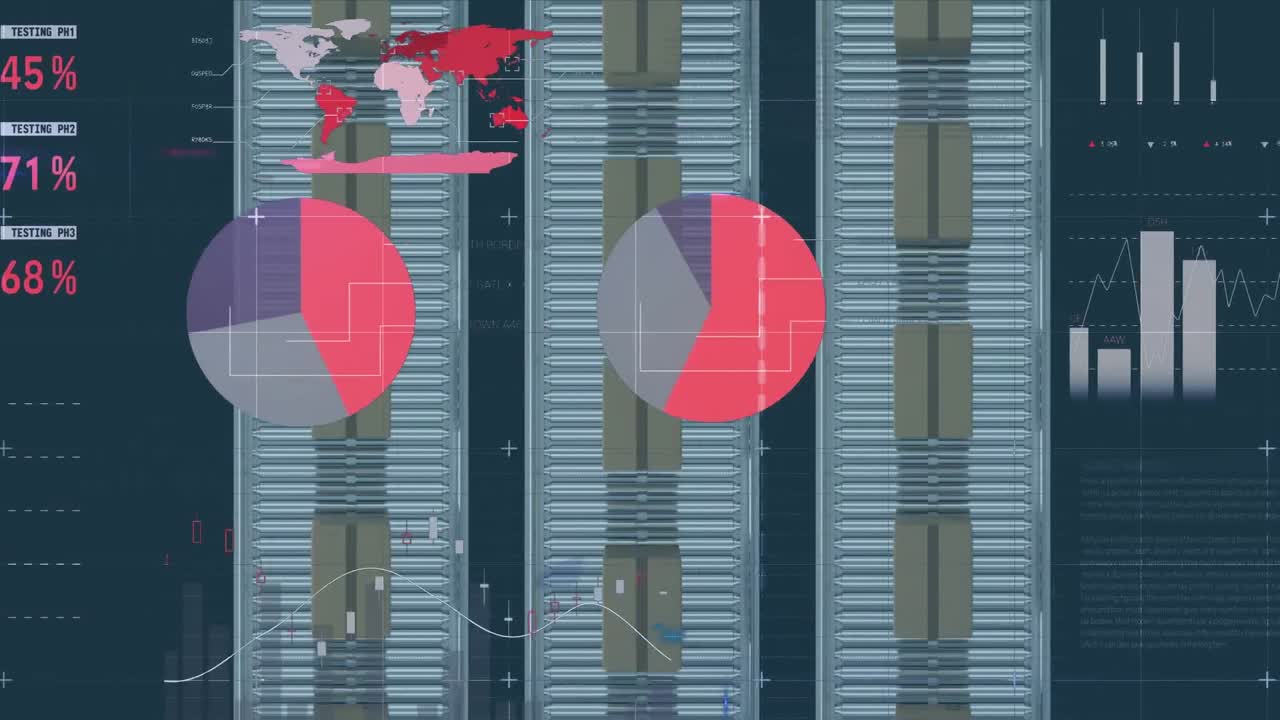 창고의 컨베이어 벨트에 있는 카드보드 상자 위에서 금융 데이터 처리의 애니메이션