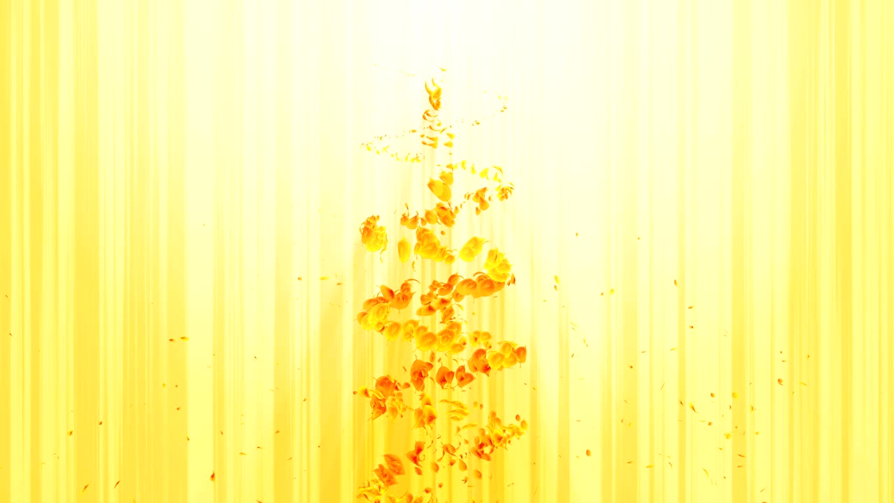 노란 잎의 소용돌이, 계절 잎의 나선형 반이는 입자, 춤추는 잎, 다채로운 자연 터널 루프 애니메이션.