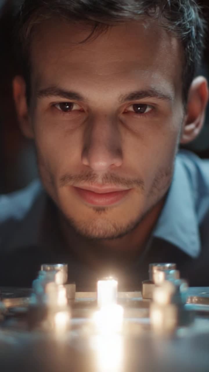 A Focused Young Man Engaged in Candlelight Reflection, Illuminating a Meditative Moment While Displaying a Subtle Smile of Contentment and Joy