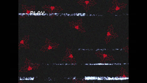 animation of screen with glitch and play interface with red holly pattern on black background