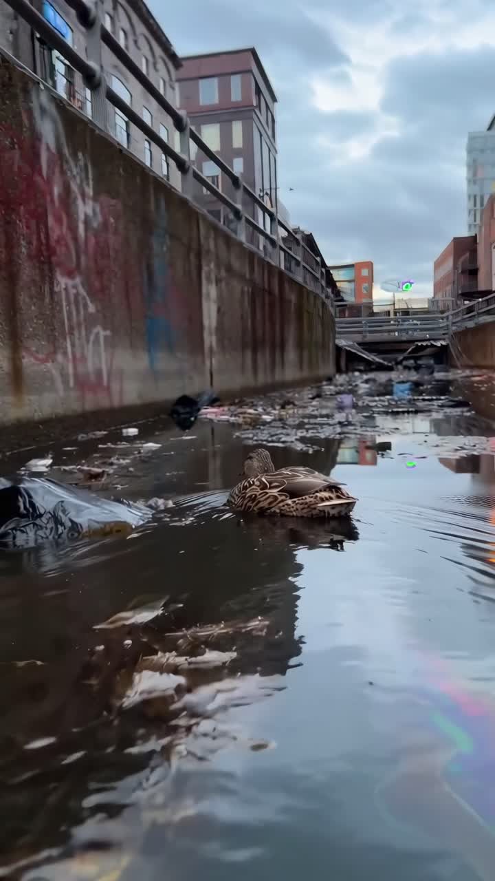 Duck Swimming Through Heavily Polluted Urban Canal Filled with Trash