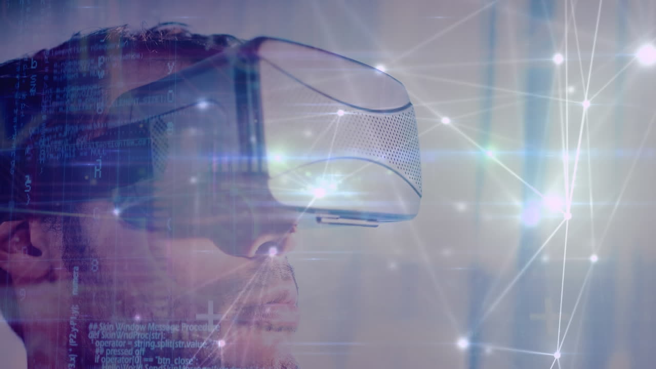 animazione di una rete di connessioni su un uomo d'affari che indossa un auricolare vr