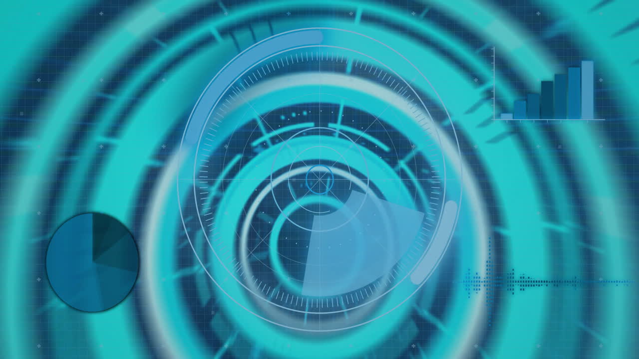 Animation of data processing and scope over dark background