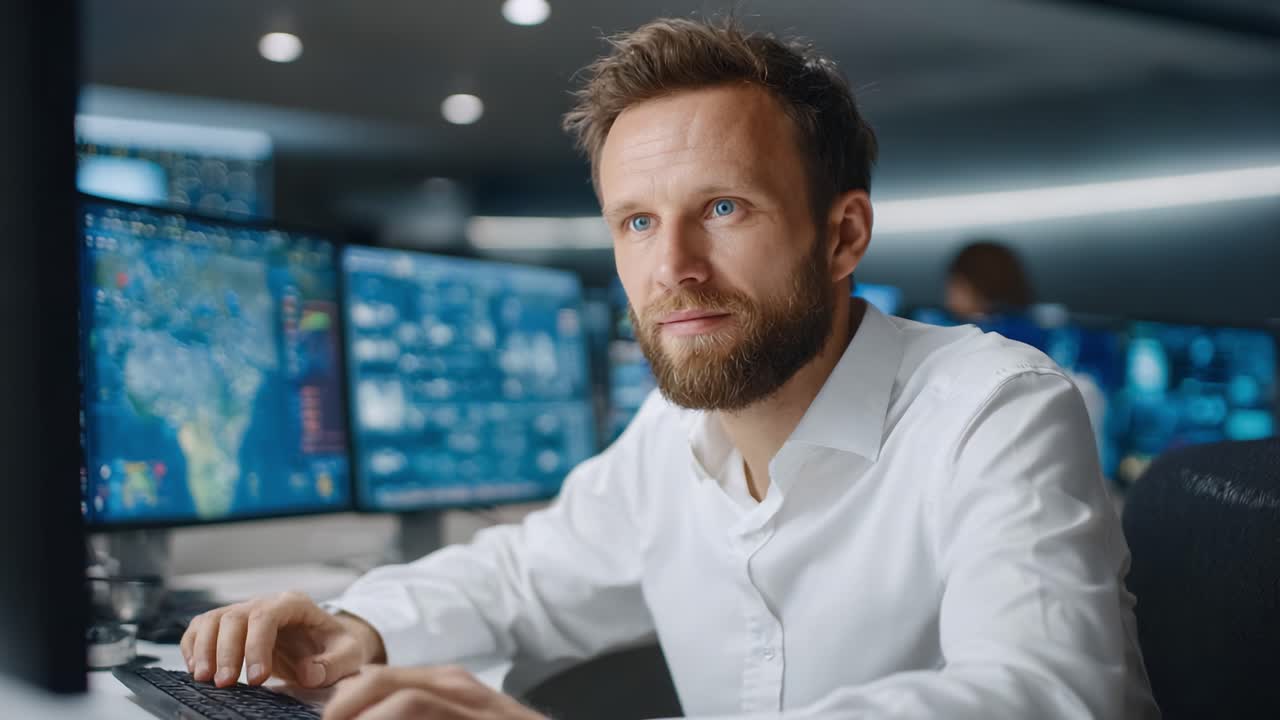 Focused Professional Analyzing Data in a Modern Office Environment Surrounded by Multiple Computer Screens Displaying Complex Information