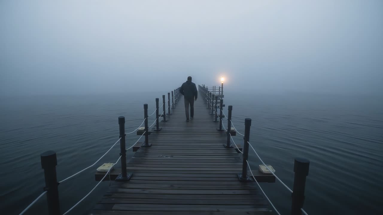 Walking adult male moving along wooden pier toward glowing lamp, seeking light through heavy fog