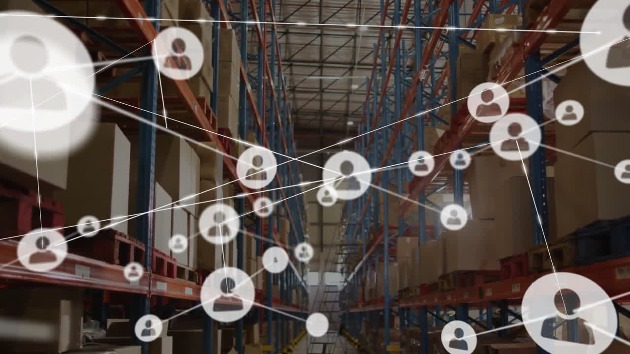 Animation of network of people icons over shelves at goods storage warehouse