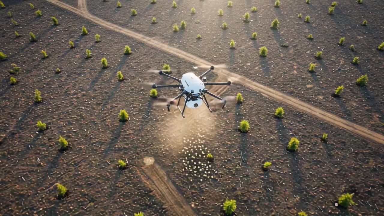 Aerial View of a Drone in Action Above a Sparse Landscape Inhabited by Small Green Shrubbery on a Dusty Road